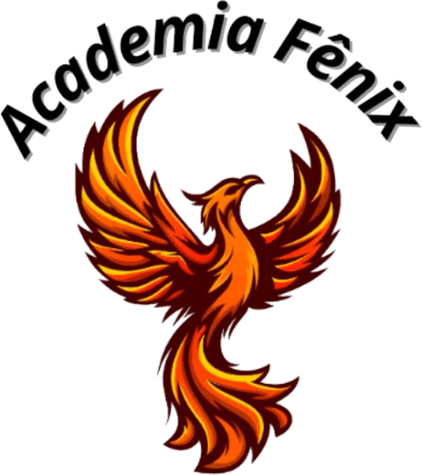 Emblema da Academia Fênix de Artes Marciais: fênix em chamas sob o nome da academia