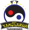Emblema da Equipe Vanguarda Taekwondo: yin-yang azul e vermelho sob coroa de estrelas