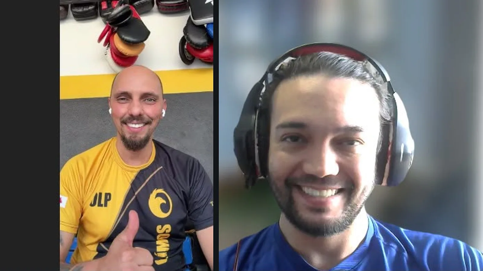 Reunião por vídeo entre o Mestre Edilson Dias de Paula, do TKD Olímpios, de polegar para cima, e Diego Morine, da Brasil Lutas, de fone de ouvido, os dois sorrindo